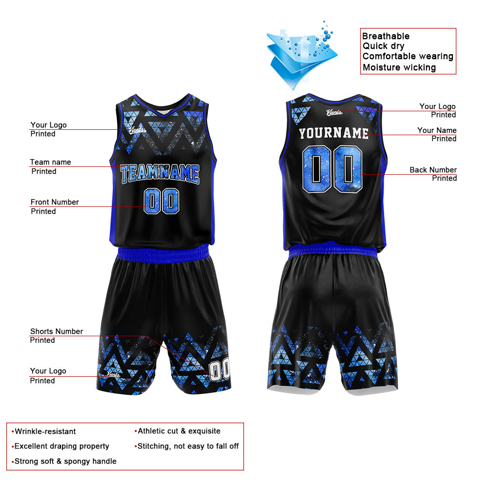 Uniforme de baloncesto personalizado negro y azul con cielo estrellado impreso con tu logotipo-nombre y número