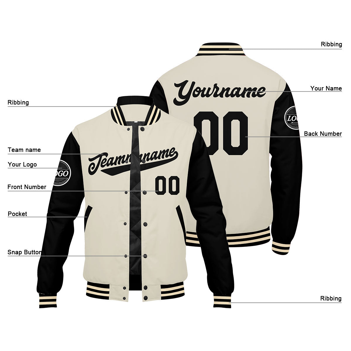 Chaqueta universitaria personalizada estilo Letterman para hombres-mujeres y jóvenes-color negro y crema