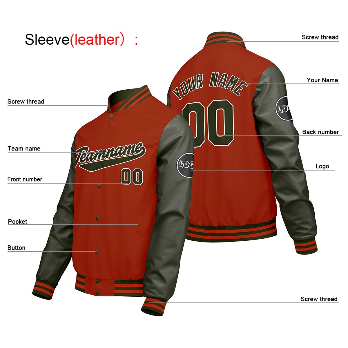 Chaquetas universitarias personalizadas de color naranja y verde para hombres & mujeres y jóvenes & Chaquetas Letterman personalizadas