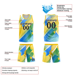 Uniforme de baloncesto personalizado amarillo y azul con tu logotipo-nombre y número impresos