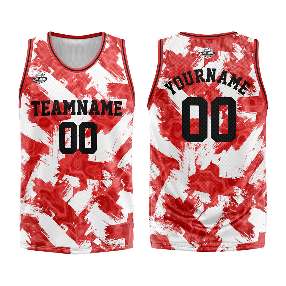Uniforme de baloncesto personalizado rojo y blanco con tu logotipo-nombre y número impresos