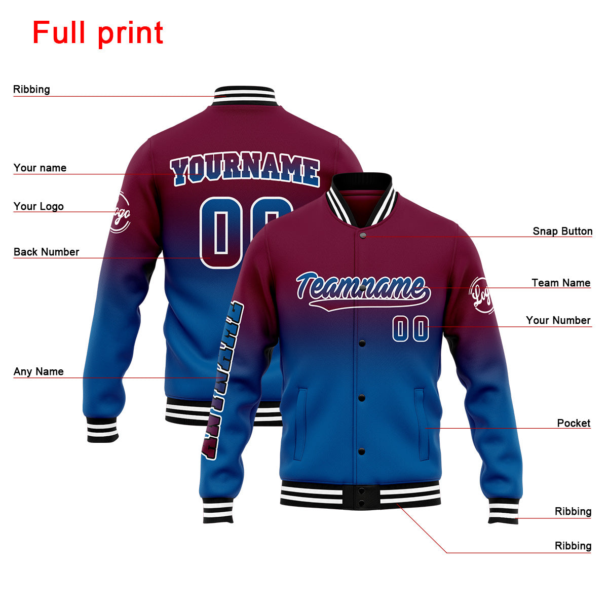 Chaqueta universitaria personalizada estilo Letterman para hombres-mujeres y jóvenes-color burdeos y azul