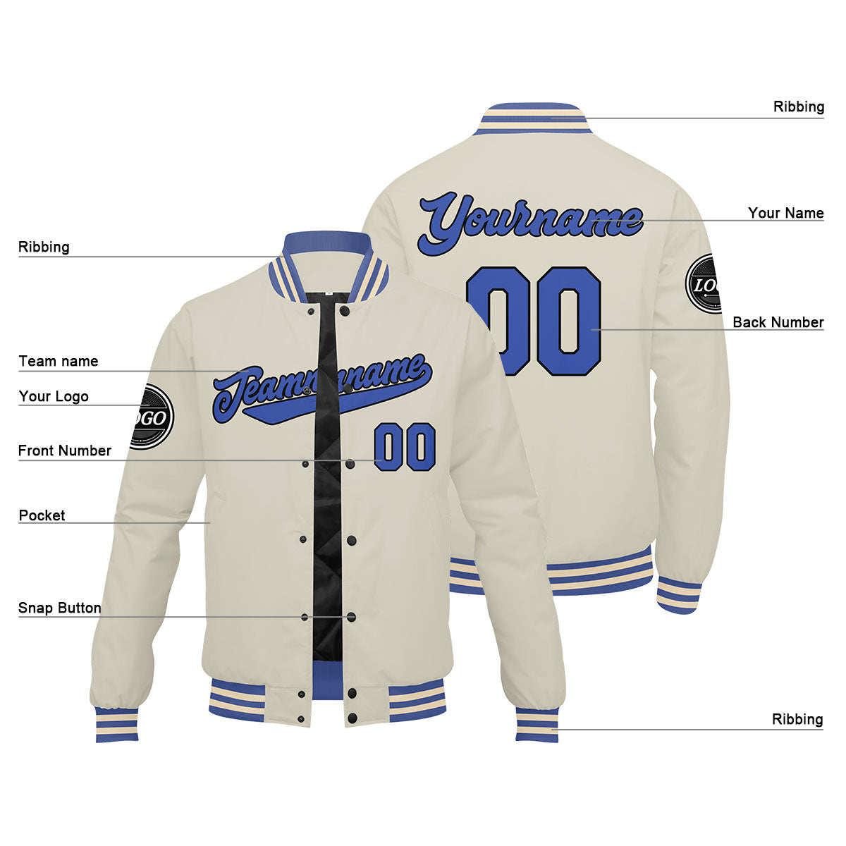 Chaqueta universitaria personalizada estilo Letterman para hombres-mujeres y jóvenes-color crema y azul