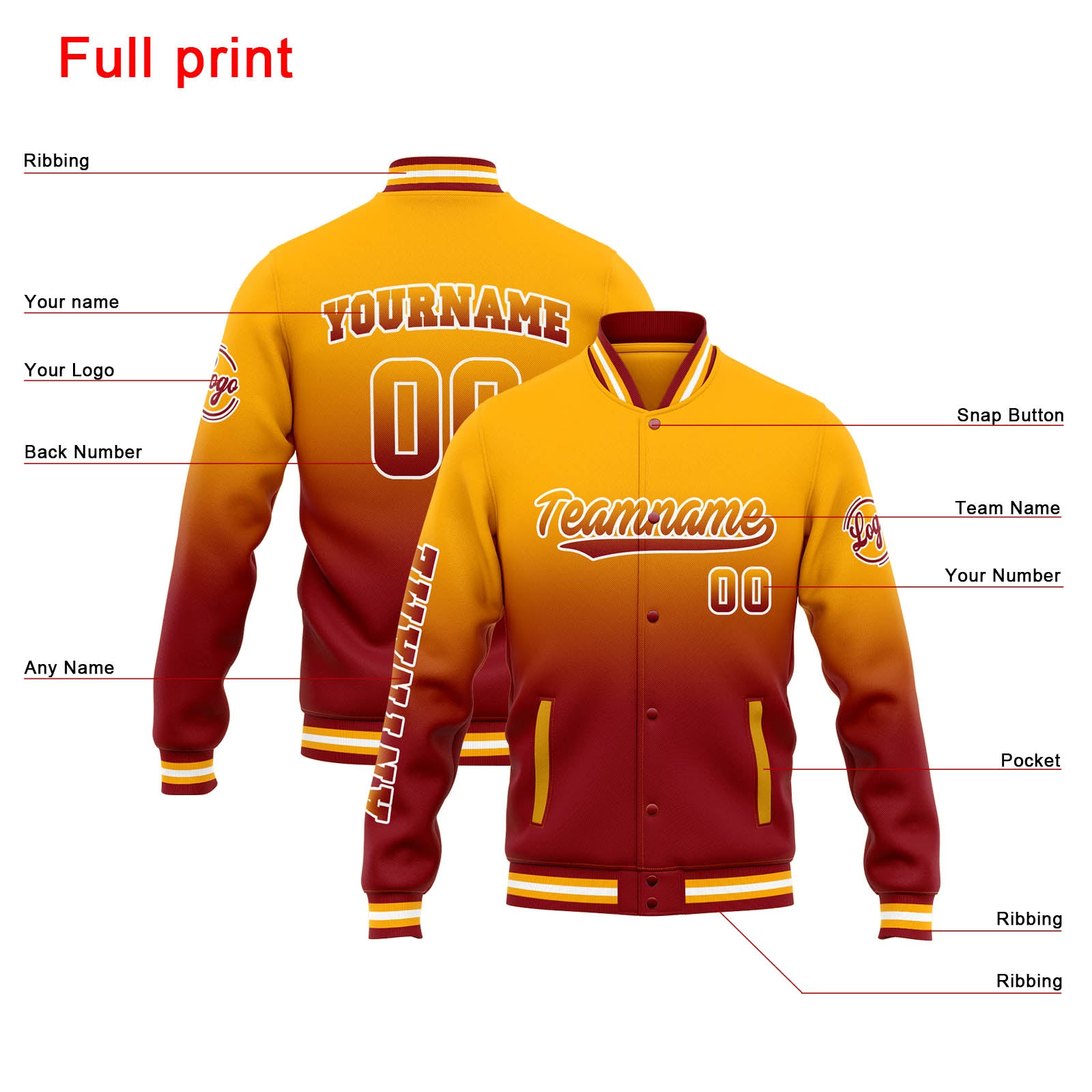 Chaqueta universitaria personalizada estilo Letterman para hombres-mujeres y jóvenes-color naranja degradado rojo