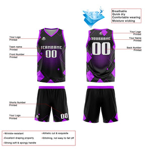 Uniforme de baloncesto morado con diseño geométrico personalizado-estampado con tu logotipo-nombre y número