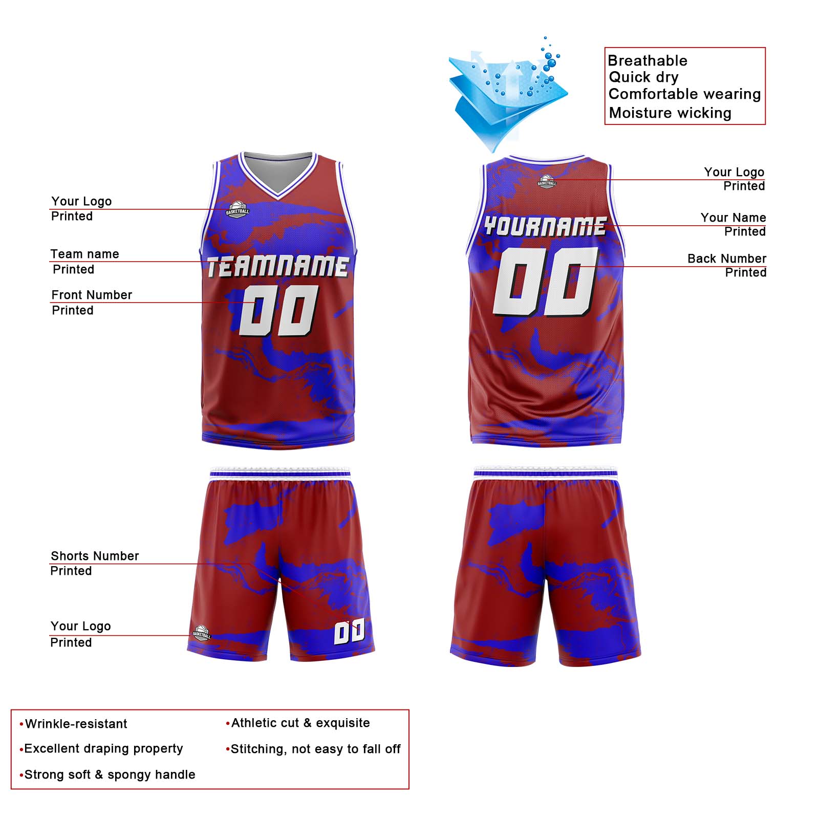 Uniforme de baloncesto rojo real personalizado con tu logotipo-nombre y número impresos