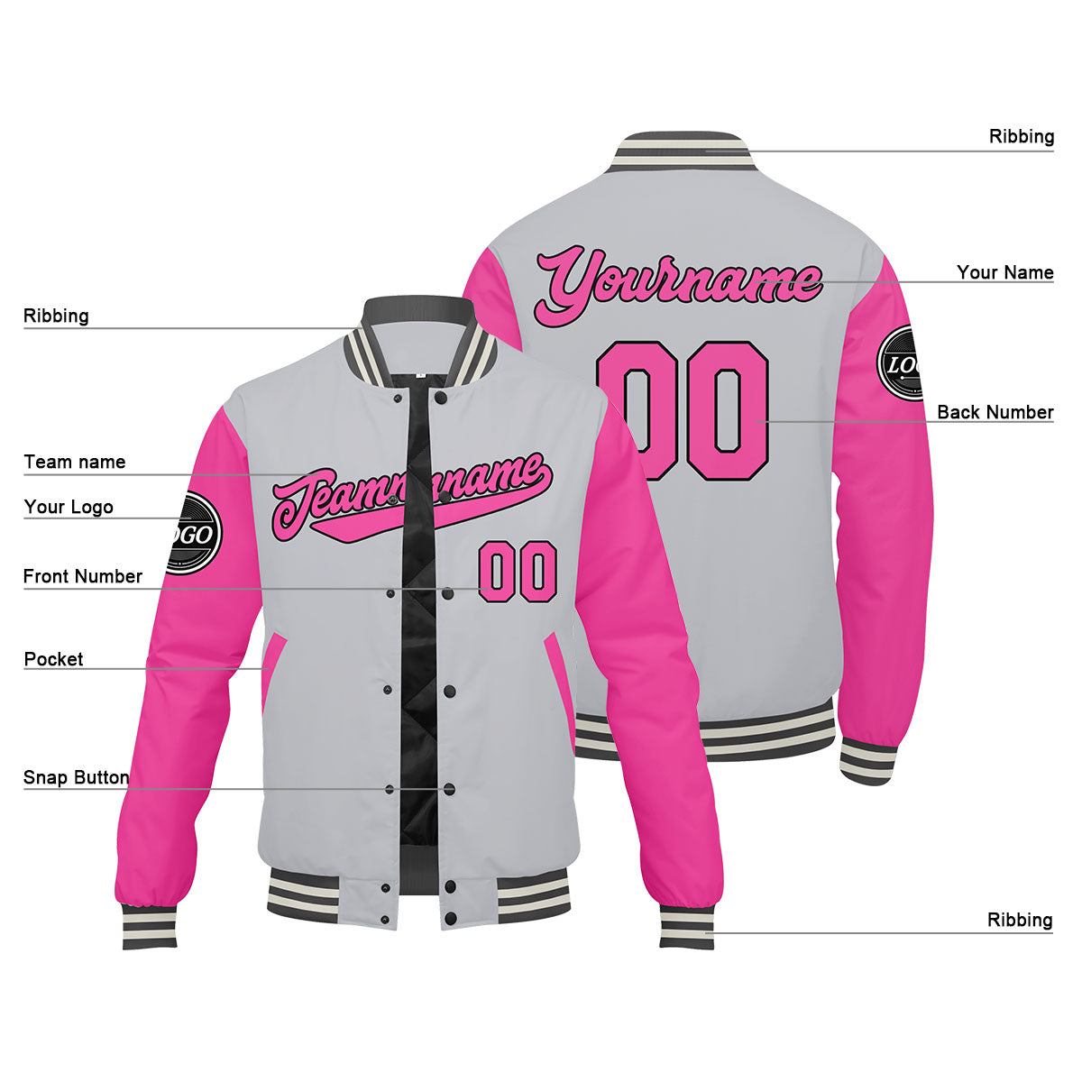 Chaqueta universitaria personalizada estilo Letterman para hombres-mujeres y jóvenes-color rosa
