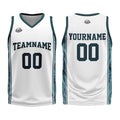Uniforme de baloncesto personalizado blanco y verde oscuro con tu logotipo-nombre y número impresos