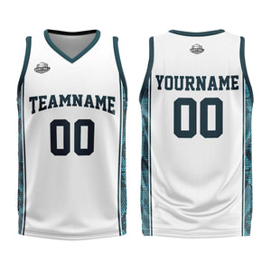 Uniforme de baloncesto personalizado blanco y verde oscuro con tu logotipo-nombre y número impresos