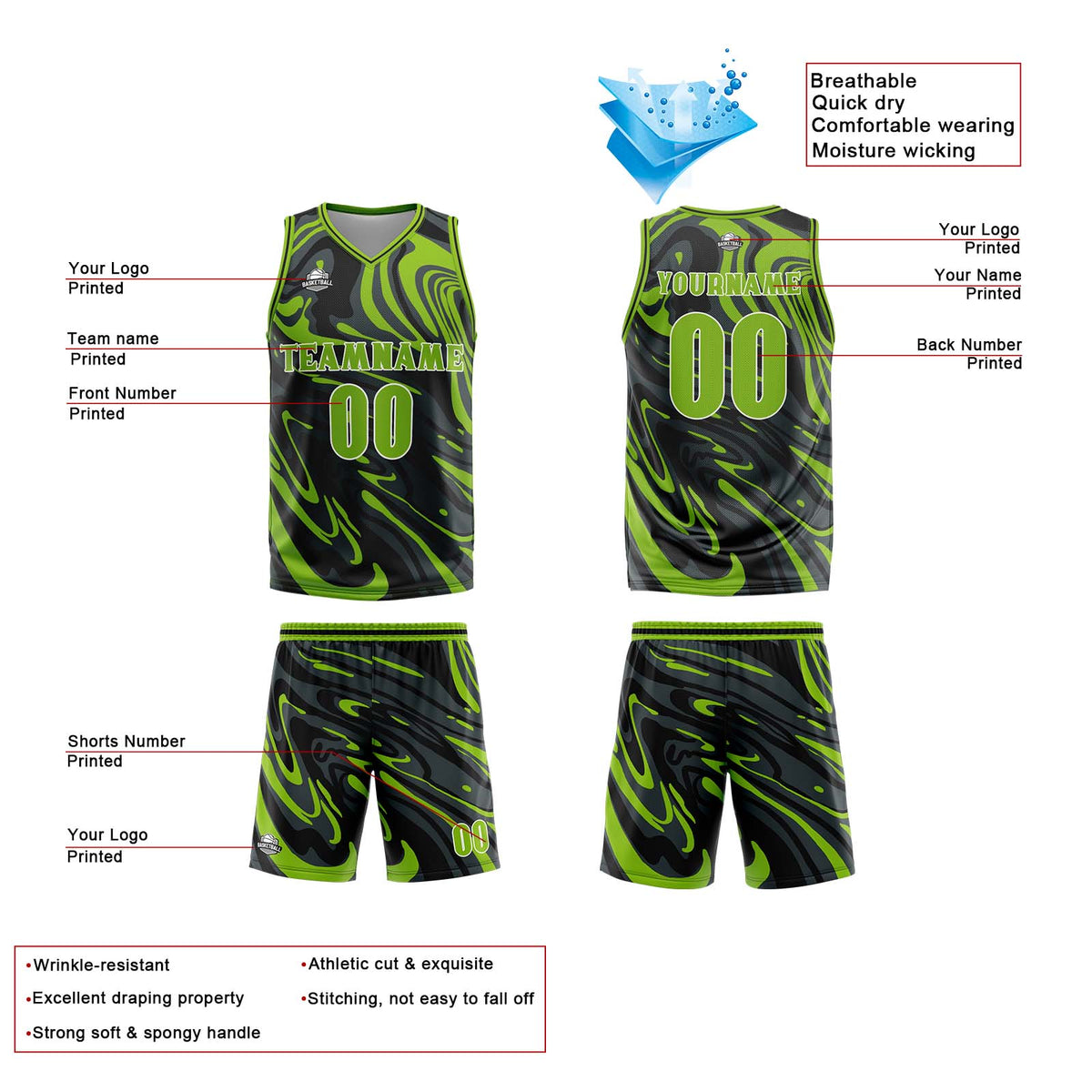Uniforme de baloncesto personalizado en verde fluido y negro con tu logotipo-nombre y número impresos
