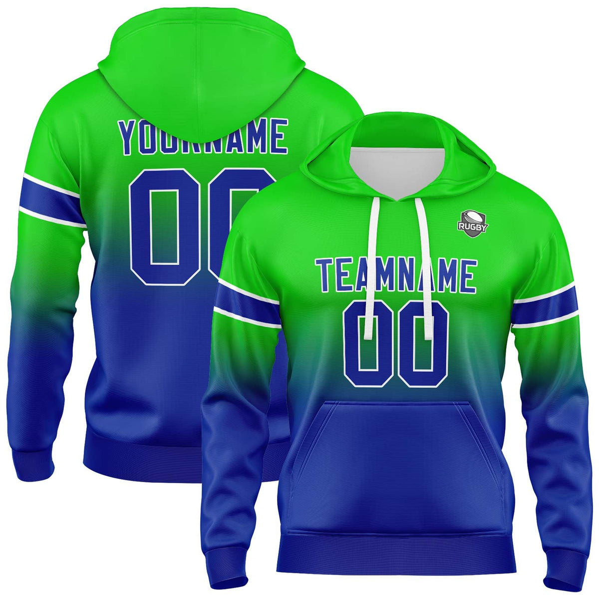Sudadera con capucha personalizada con degradado para hombre-mujer-niña o niño Estampa tu logotipo-nombre y número en verde y azul