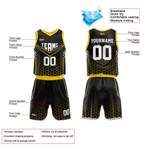 Uniforme de baloncesto personalizado negro y amarillo con tu logotipo-nombre y número impresos