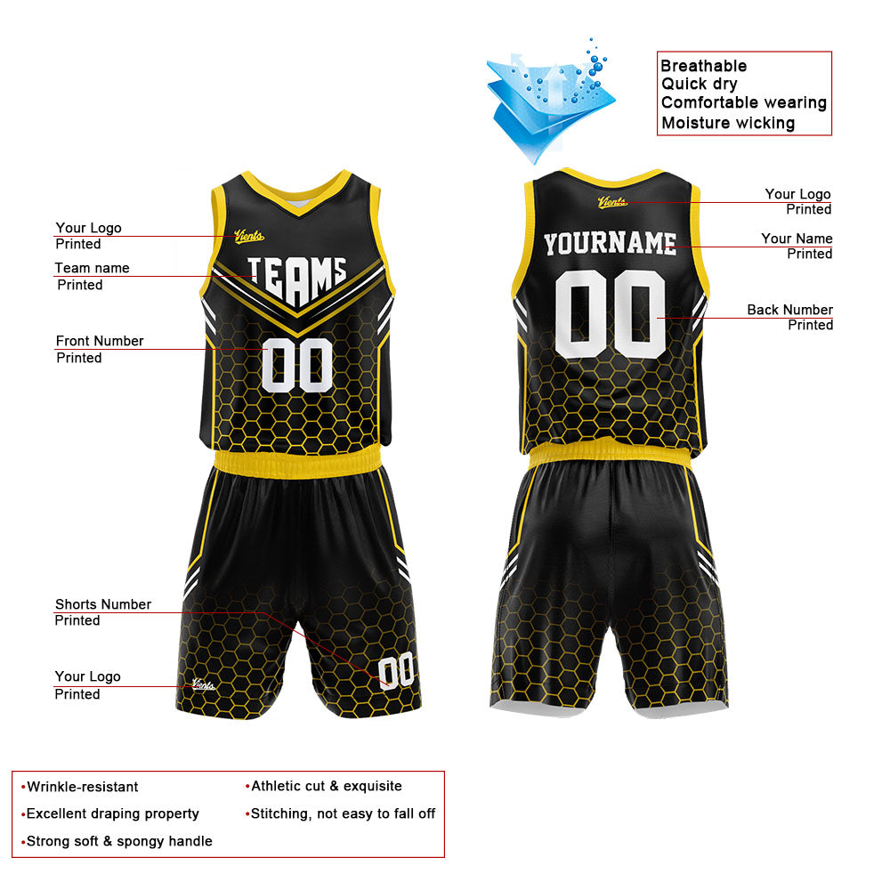 Uniforme de baloncesto personalizado negro y amarillo con tu logotipo-nombre y número impresos