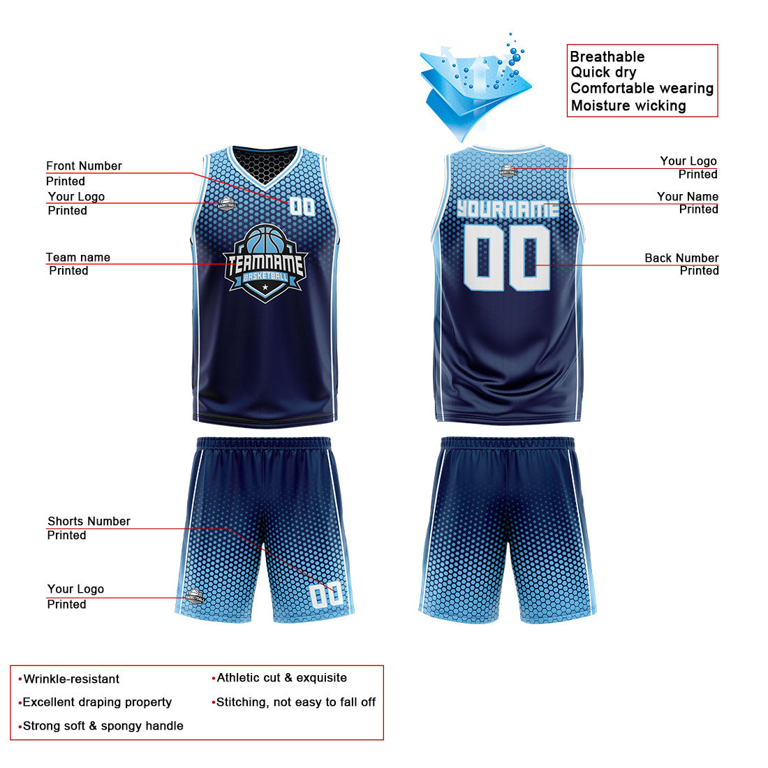 Traje de baloncesto reversible azul marino y blanco personalizado para adultos y niños
