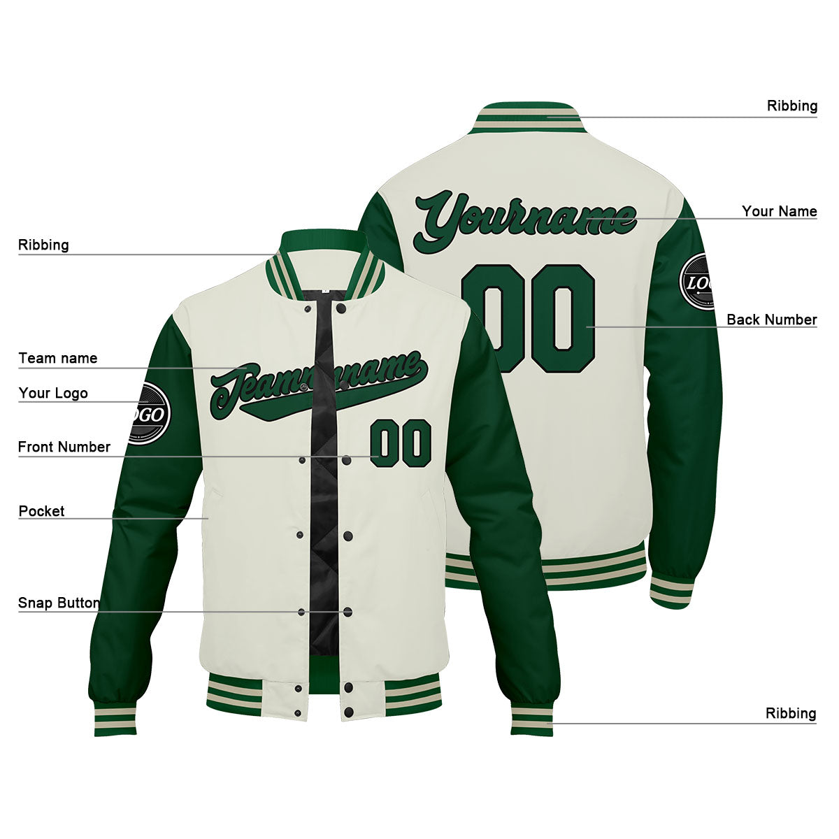 Chaqueta universitaria personalizada estilo Letterman para hombres-mujeres y jóvenes-color verde crema