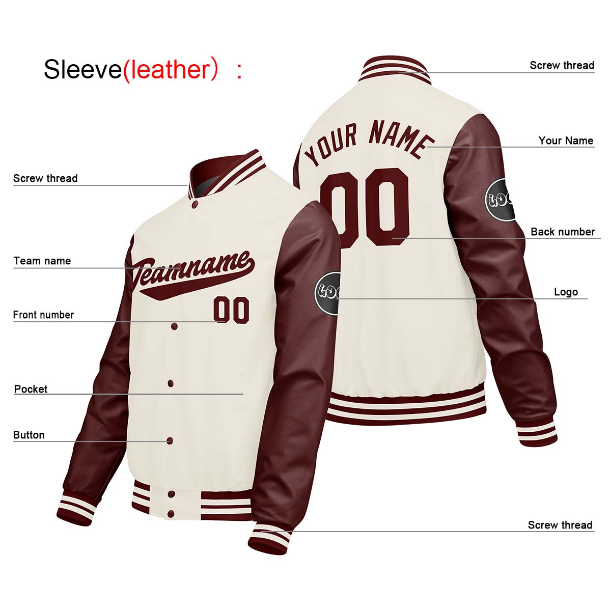 Chaquetas universitarias personalizadas en color crema & blanco y rojo para hombres & mujeres y jóvenes & Chaquetas tipo Letterman personalizadas