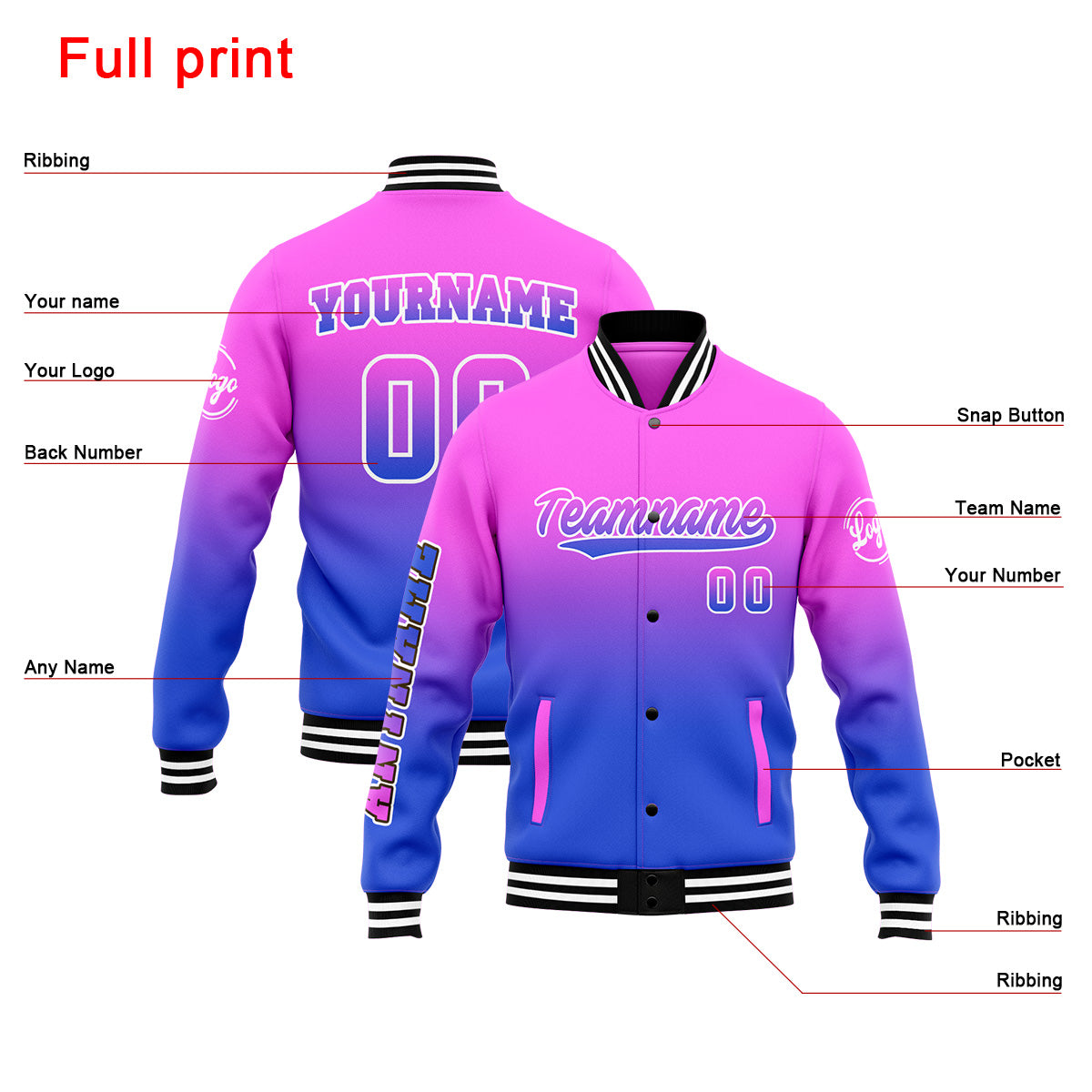 Chaqueta universitaria personalizada estilo Letterman para hombres-mujeres y jóvenes-color rosa y azul