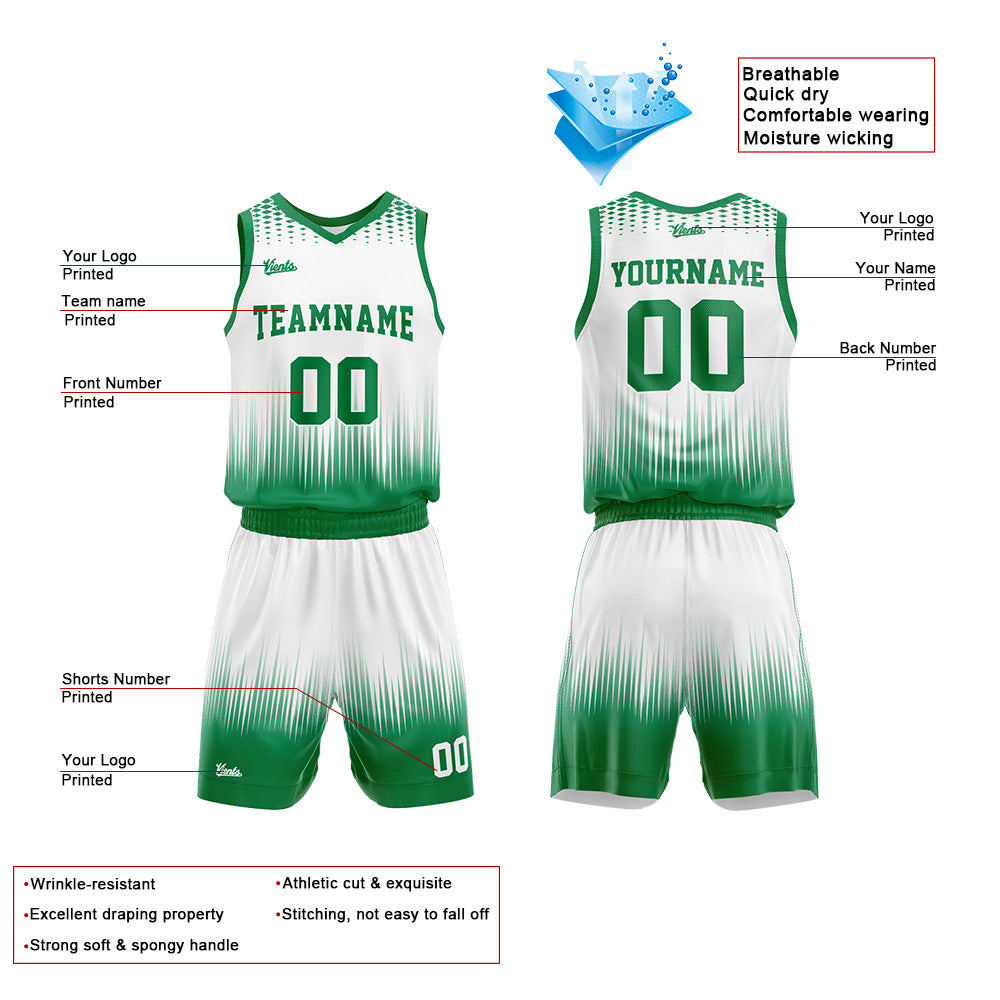 Uniforme de baloncesto personalizado blanco y verde con tu logotipo-nombre y número impresos