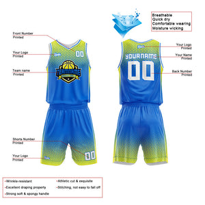 Uniforme de baloncesto personalizado azul y amarillo con tu logotipo-nombre y número impresos