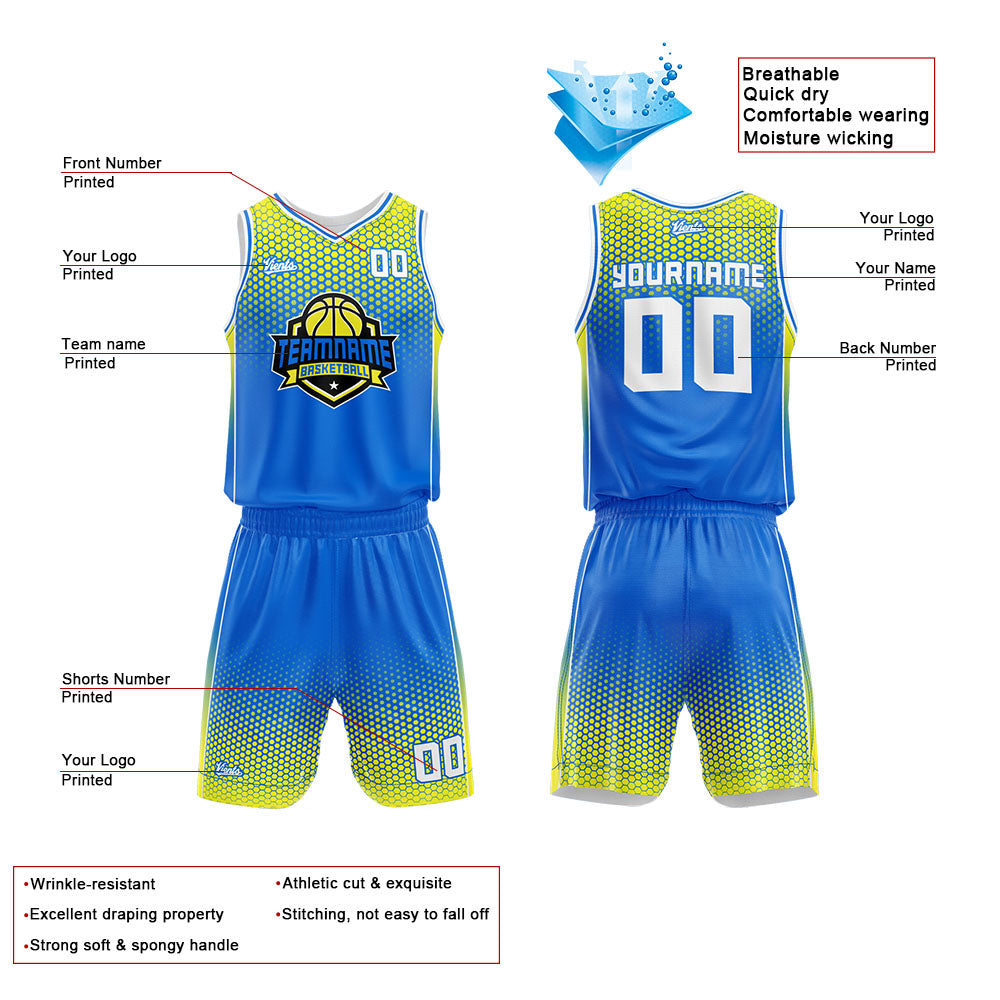 Uniforme de baloncesto personalizado azul y amarillo con tu logotipo-nombre y número impresos