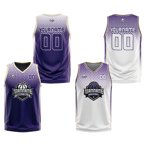 Traje de baloncesto reversible morado y blanco personalizado para adultos y niños
