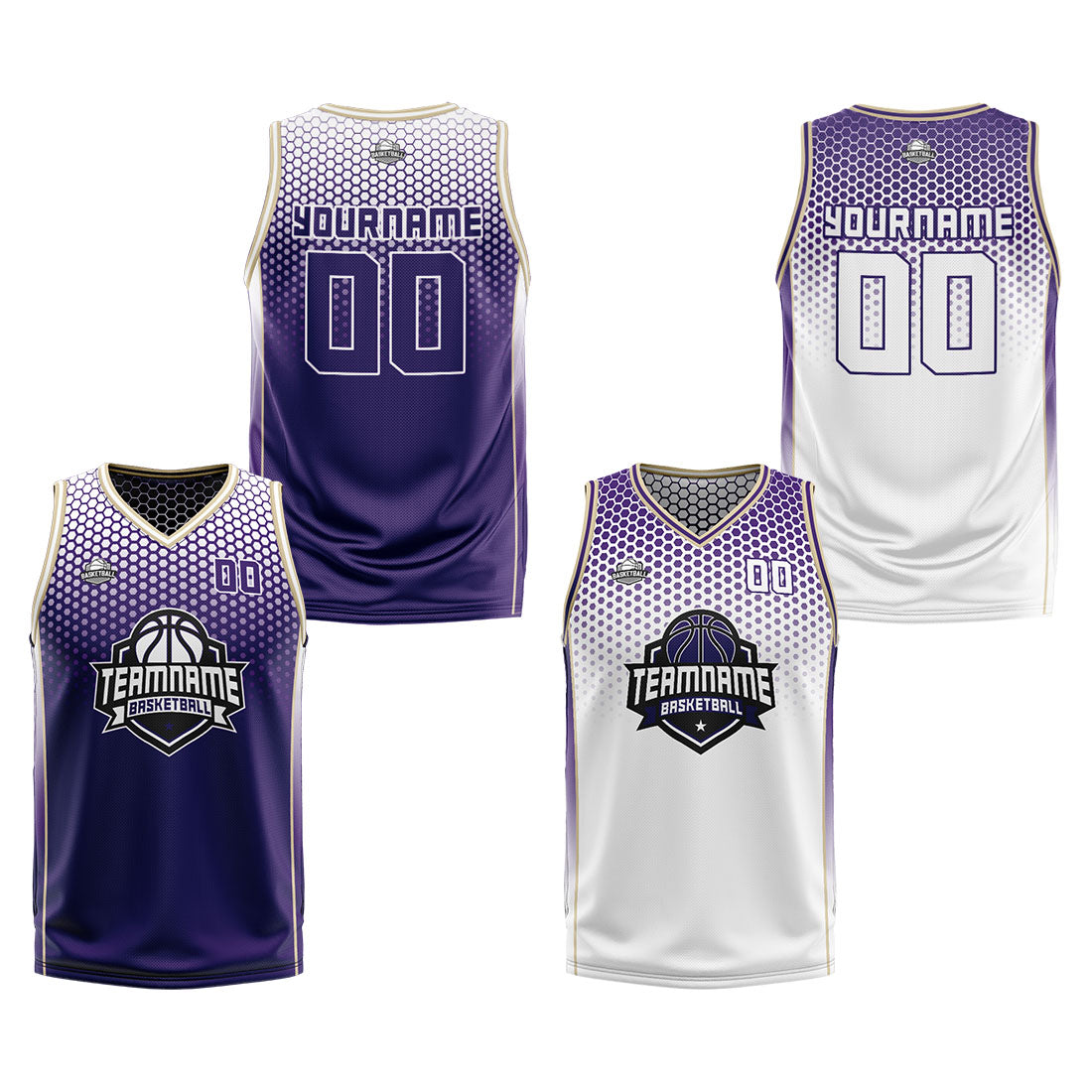 Traje de baloncesto reversible morado y blanco personalizado para adultos y niños