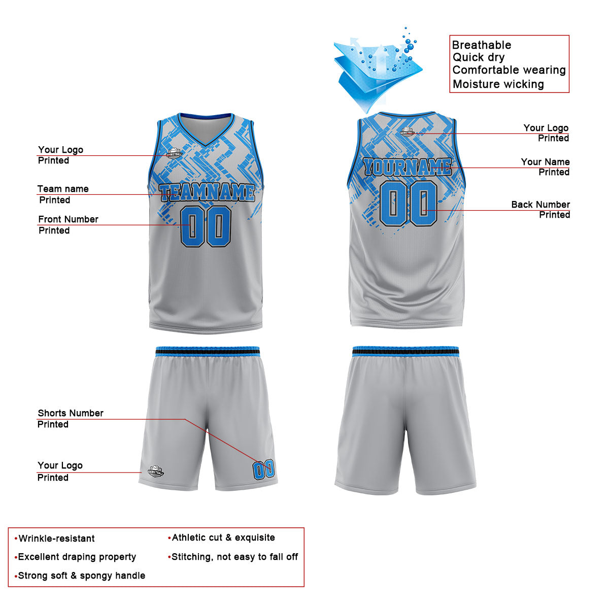 Uniforme de baloncesto personalizado en gris y azul con tu logotipo-nombre y número impresos