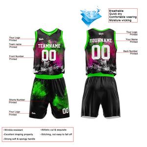 Uniforme de baloncesto personalizado Splash Rose verde neón con tu logotipo-nombre y número impresos