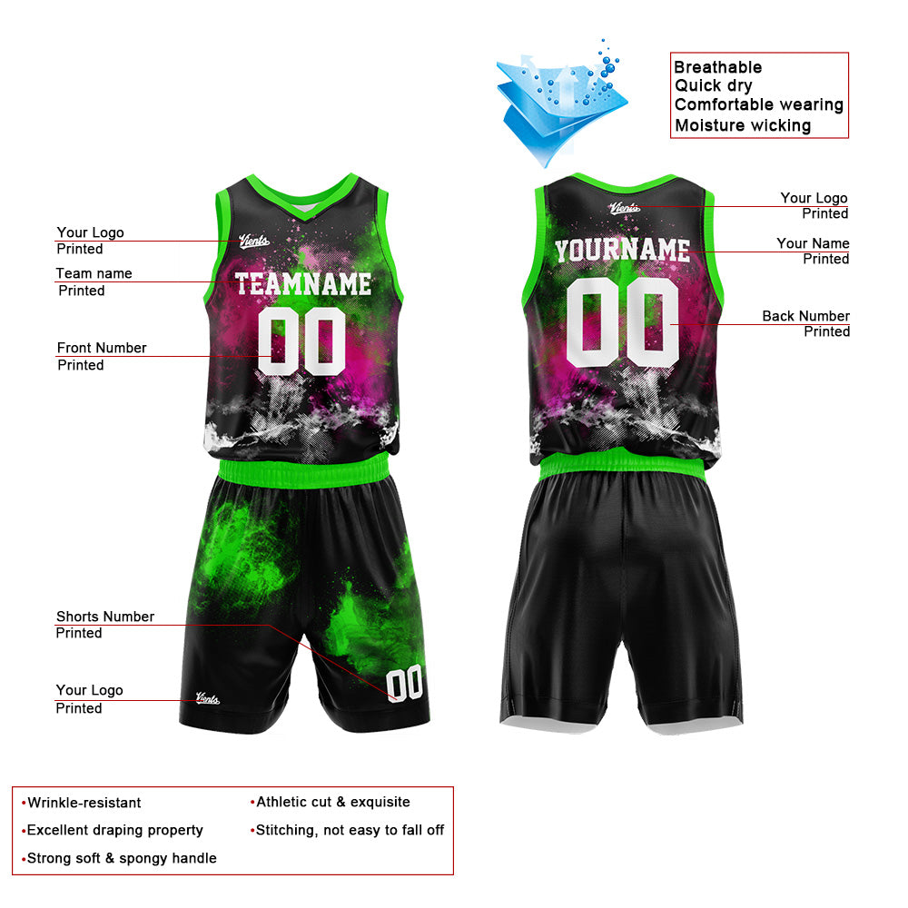 Uniforme de baloncesto personalizado Splash Rose verde neón con tu logotipo-nombre y número impresos