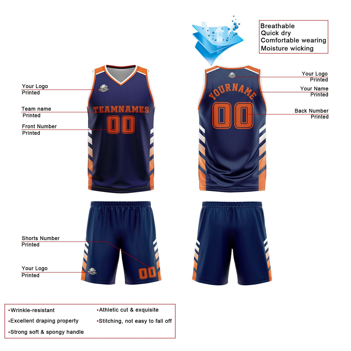 Traje de baloncesto reversible personalizado azul marino-blanco y naranja para adultos y niños