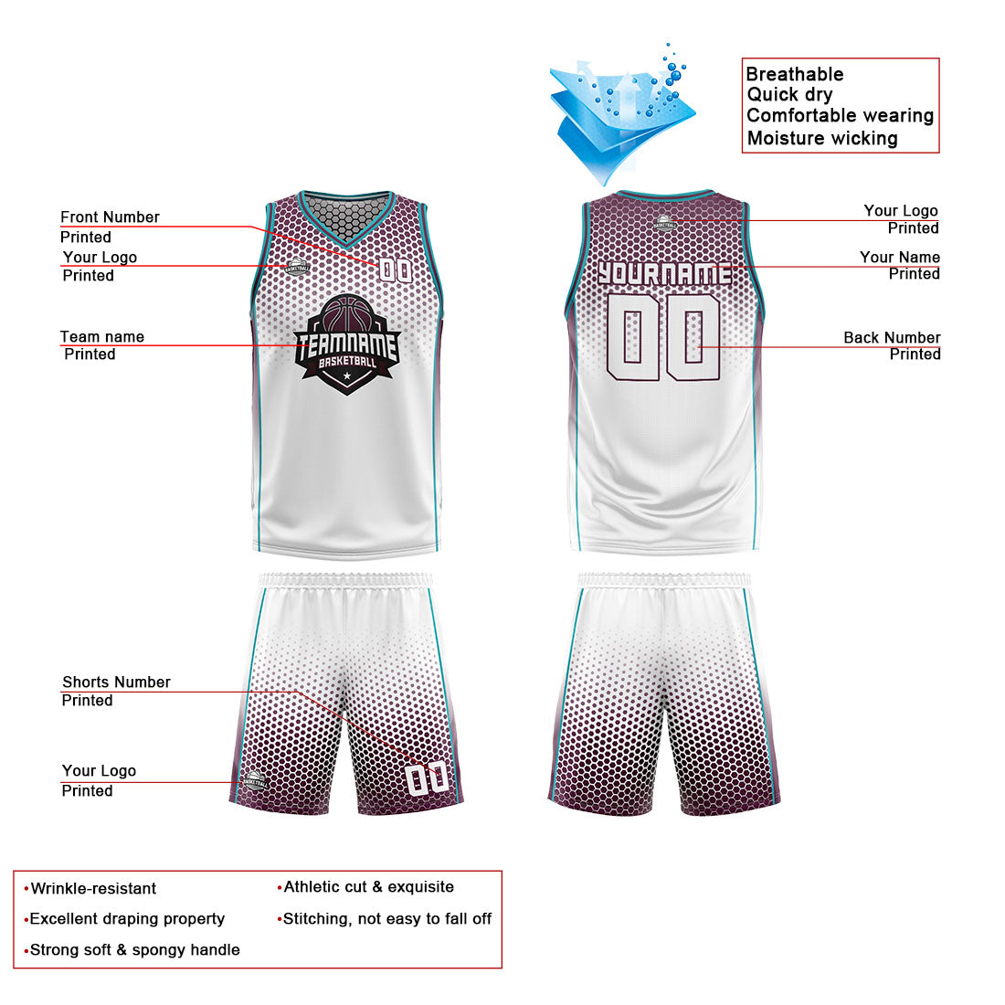Traje de baloncesto reversible blanco-rojo y cian personalizado para adultos y niños
