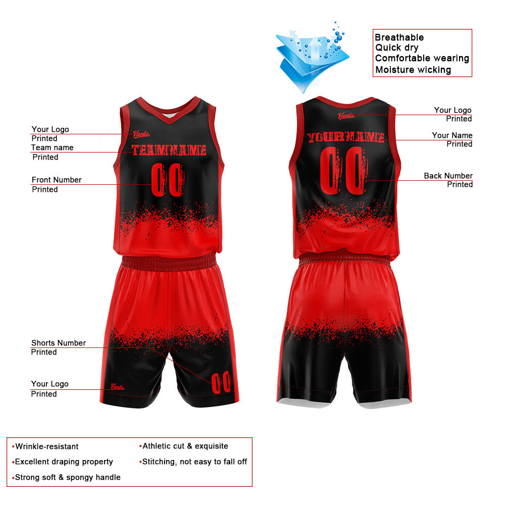 Uniforme de baloncesto personalizado rojo y negro con tu logotipo-nombre y número impresos