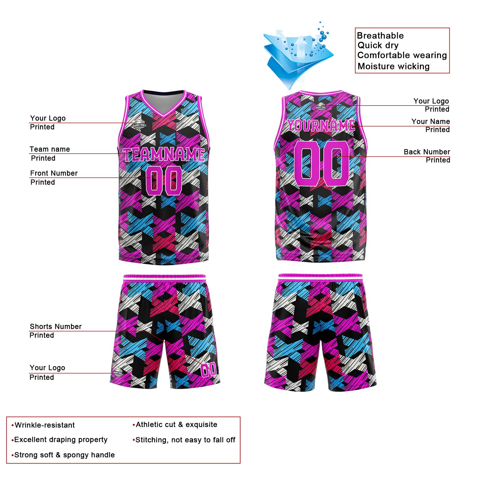 Uniforme de baloncesto rosa palo personalizado con tu logotipo-nombre y número impresos