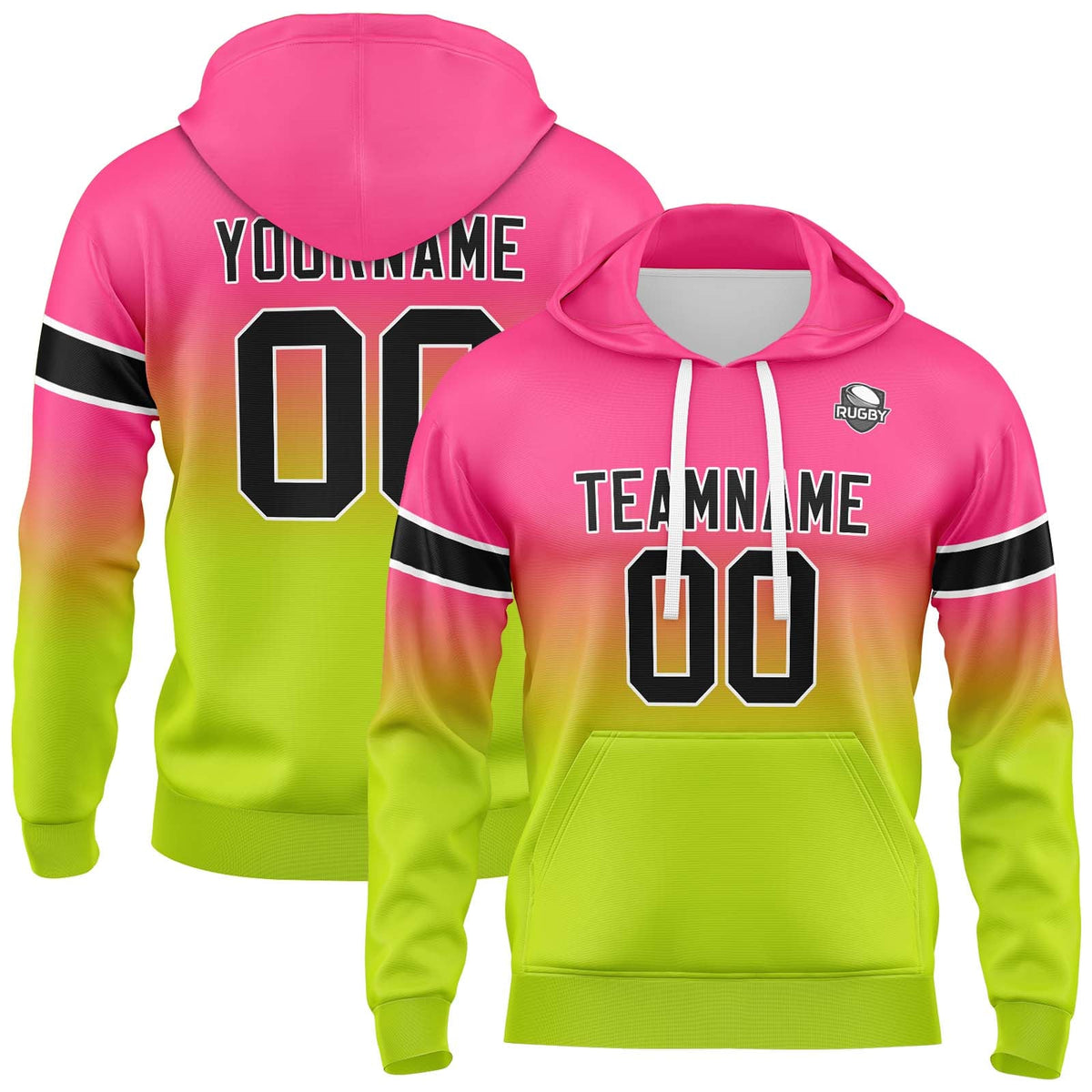 Sudadera con capucha degradada personalizada para hombre-mujer-niña o niño Estampa tu logotipo-nombre y número en rosa y verde chartreuse