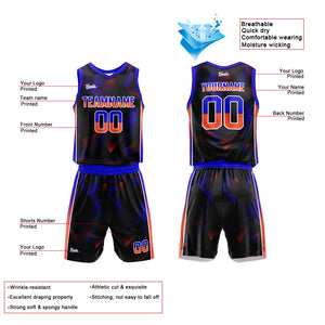 Uniforme de baloncesto personalizado en negro y naranja real con tu logotipo-nombre y número impresos
