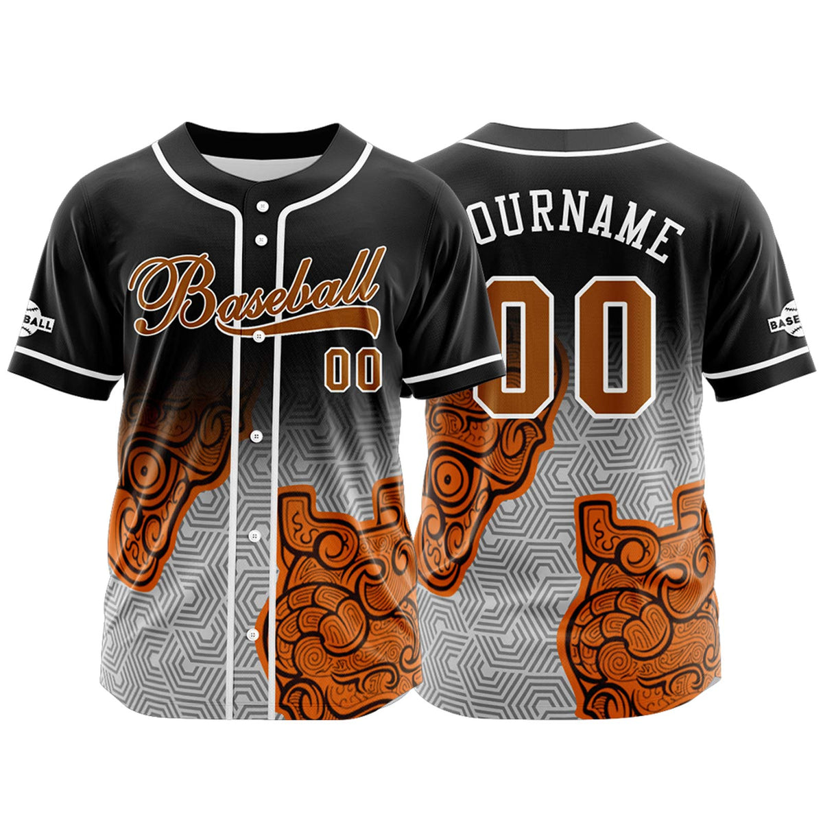 Camiseta de béisbol personalizada negra y naranja con botones para hombre mujer adulto y joven Estampado de nombre número y logotipo