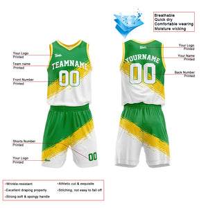 Uniforme de baloncesto personalizado verde-amarillo y blanco con tu logotipo-nombre y número impresos