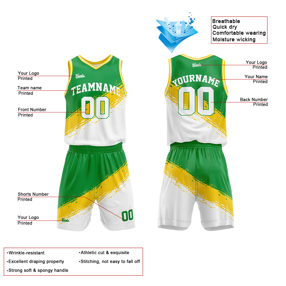 Uniforme de baloncesto personalizado verde-amarillo y blanco con tu logotipo-nombre y número impresos