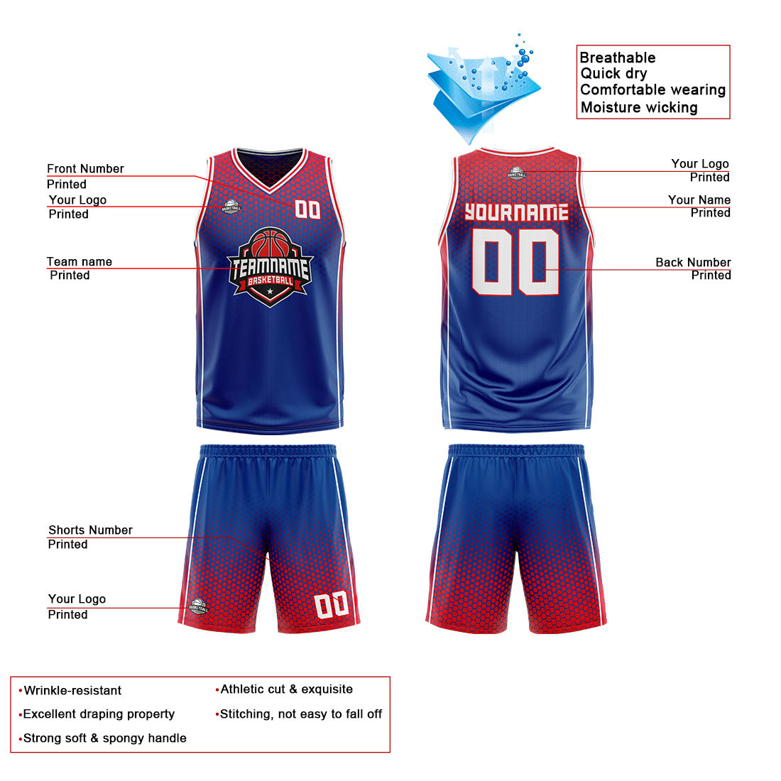 Traje de baloncesto reversible azul y rojo personalizado para adultos y niños