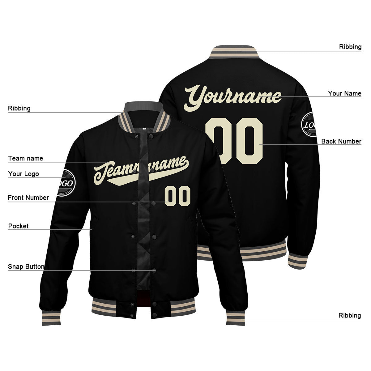 Chaqueta universitaria personalizada estilo Letterman para hombres-mujeres y jóvenes en color gris-negro y crema