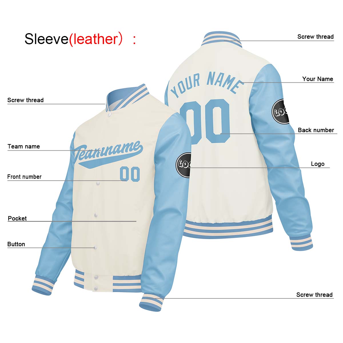 Chaquetas universitarias personalizadas en color crema & blanco y azul para hombres & mujeres y jóvenes & Chaquetas Letterman personalizadas