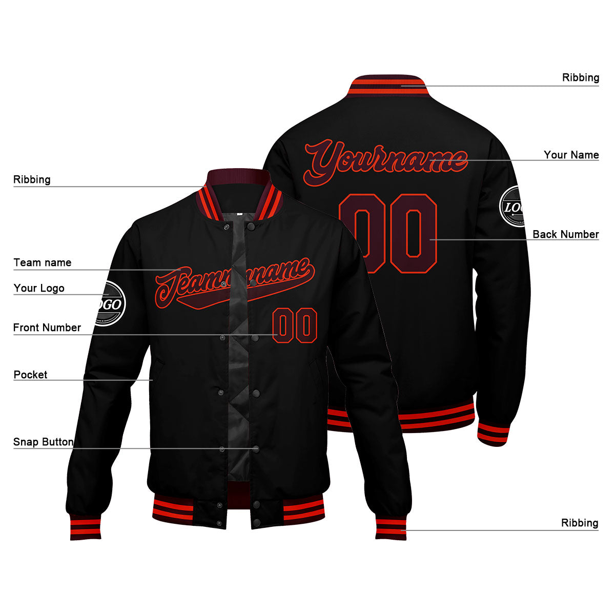 Chaqueta universitaria personalizada estilo Letterman para hombres-mujeres y jóvenes-color granate-negro y naranja