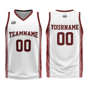 Uniforme de baloncesto personalizado blanco y rojo oscuro con tu logotipo-nombre y número impresos