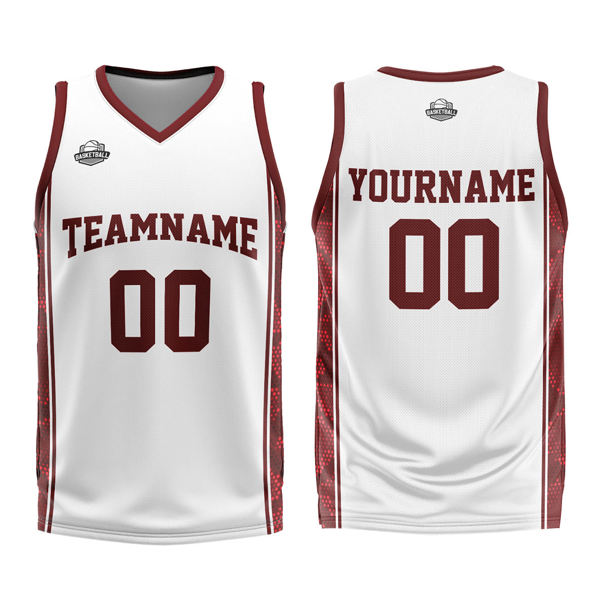 Uniforme de baloncesto personalizado blanco y rojo oscuro con tu logotipo-nombre y número impresos