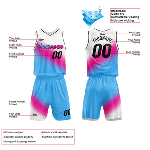 Uniforme de baloncesto personalizado en blanco-rosa fucsia y azul claro con tu logotipo-nombre y número impresos