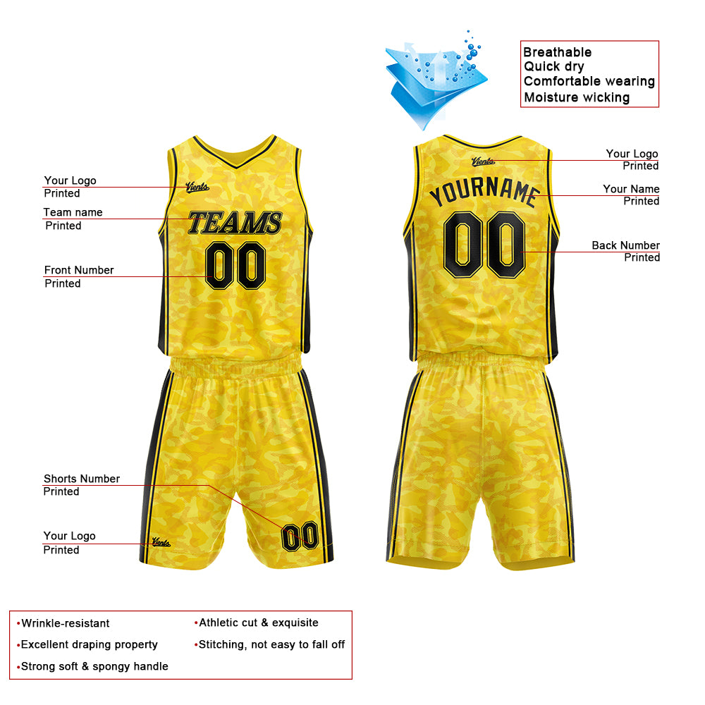 Uniforme de baloncesto amarillo personalizado con tu logotipo-nombre y número impresos