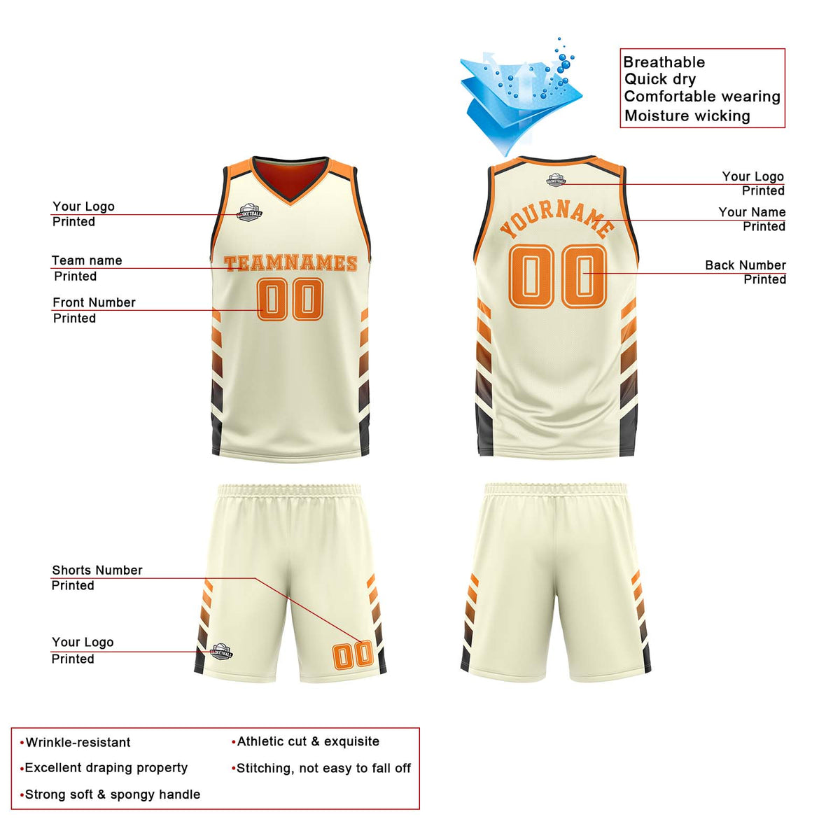 Traje de baloncesto reversible personalizado en crema-naranja y negro para adultos y niños