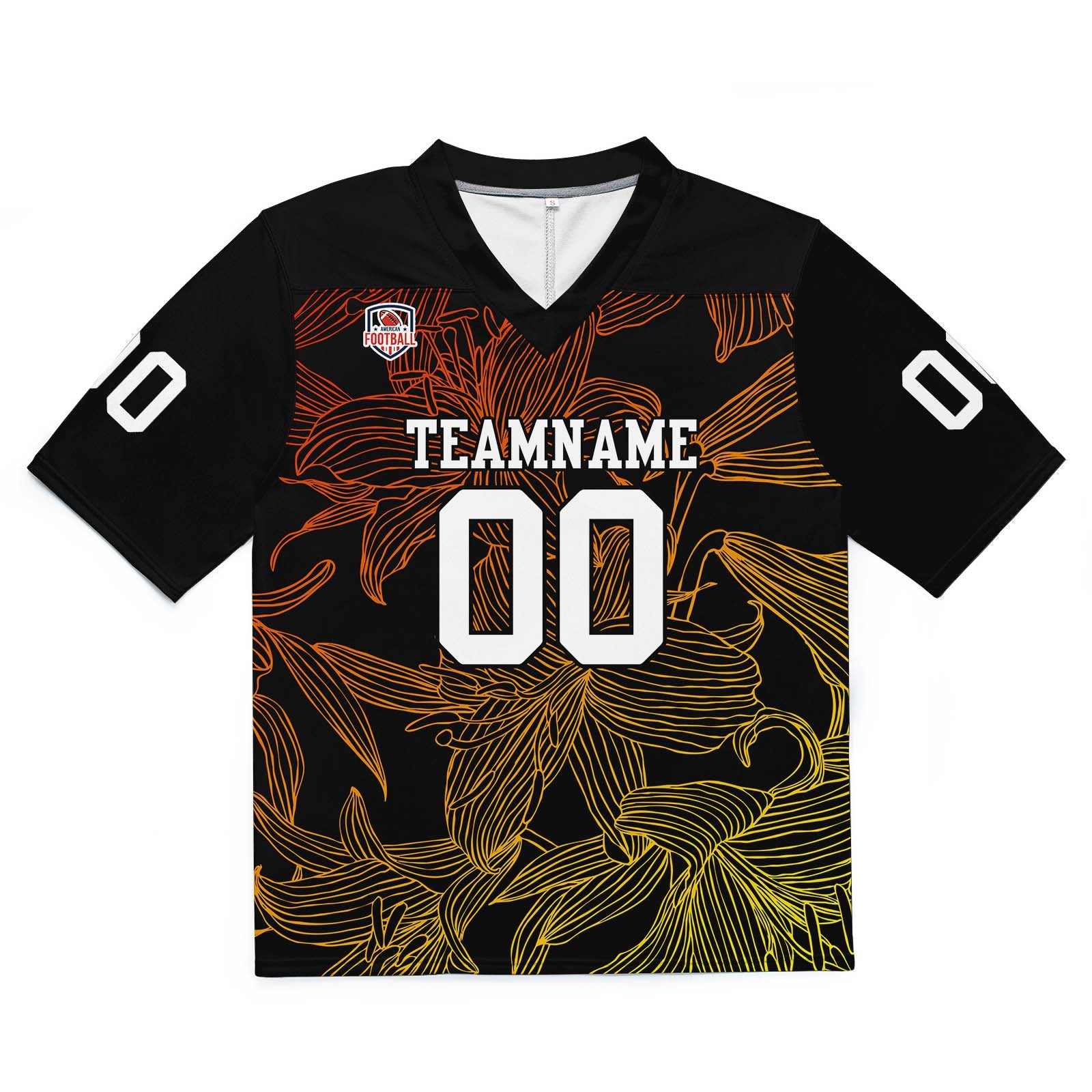 Camiseta de fútbol personalizada con nombre y número del equipo bordados y estampados en degradado naranja y amarillo