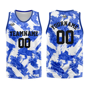 Uniforme de baloncesto personalizado azul y blanco con tu logotipo-nombre y número impresos