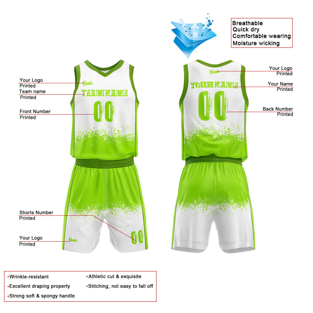 Uniforme de baloncesto personalizado blanco y verde neón con tu logotipo-nombre y número impresos